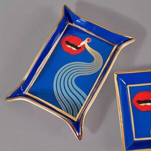 Brand New Jonathan Adler Blue Gold Red Porcelain Full Dose Valet Tray